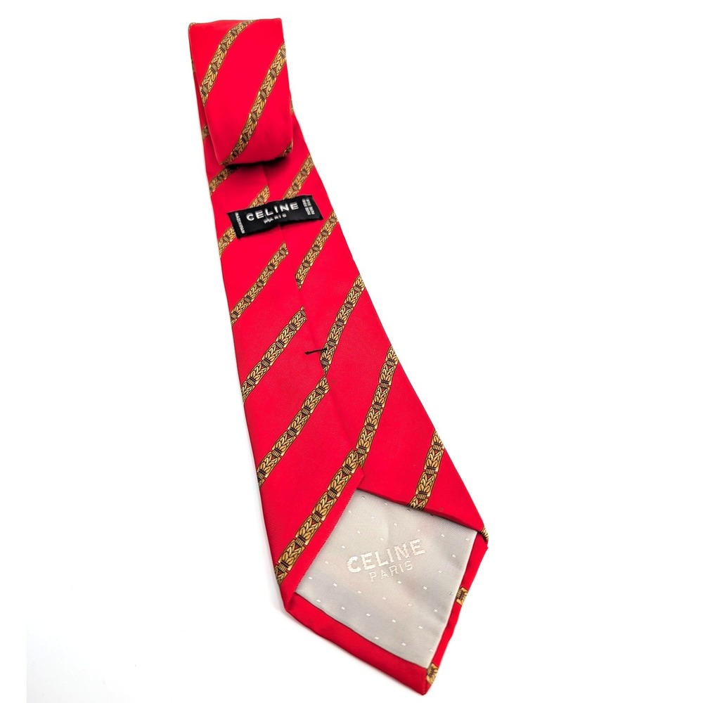 Celine Paris Silk Tie Red Gold Chain Link Stripe Made in Spain Luxury Necktie - Picture 3 of 7